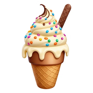 Cinematic scoop of rich, creamy ice cream, slightly melting, smooth swirls of chocolate and vanilla, colorful sprinkles on top, warm glowing background, playful and inviting. sticker