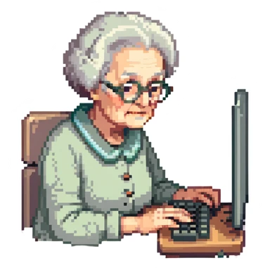 grandma typing on a computer on black background sticker