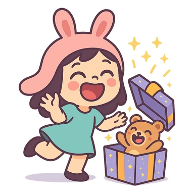 full-body laughing chibi girl in bunny hat opening glittery gift box with laughing teddy bear inside, pastel-toon style sticker