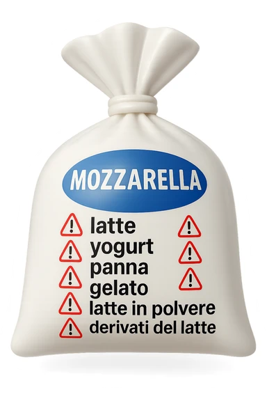 SU QUESTO STILE FAI UN EMOJI STILE IPHONE 3D DI UNa busta di mozzarelle con ETICHETTA CON GLI INGREDIENTI SCRITTI, "latte, yogurt, panna, gelato, latte in polvere, derivati del latte." accanto ad ogni nome scritto mettici un segnale di allarme, FALLO MOLTO REALISTICO IN 3D sticker