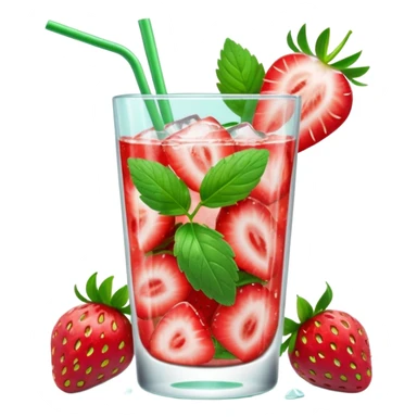 A 3D cartoon glass of strawberry mojito with mint leaves, ice cubes, and sliced strawberries, condensation on glass, bright lighting, Memoji-style realism. sticker