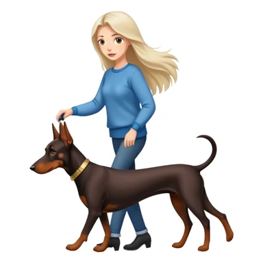 A beautiful long-haired white woman wearing a sweater walking a Doberman sticker