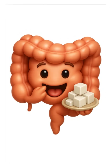 emoji stile iphone di un intestino anatomico che mangia zollette di zucchero, iperrealistico 4k, isolato su sfondo bianco sticker