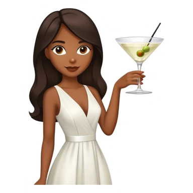 Beautiful woman in 1950’s woman fashion look, white dress, long dark brown hair, martini  sticker