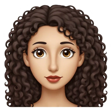 Long dark brown curly hair, long nose, long chin, long face, extra small dark brown eyes, dark far eyebrows, light medium skin tone, small lips sticker