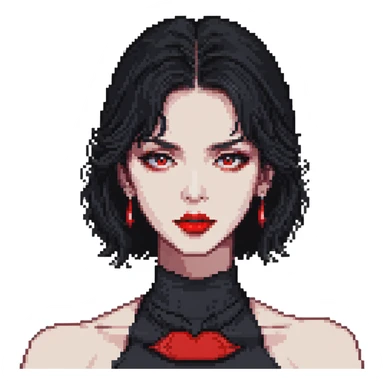 female face with black eyes, black hair at neck level, full red lips, pixel art, 16-bit style, neutral expression sticker