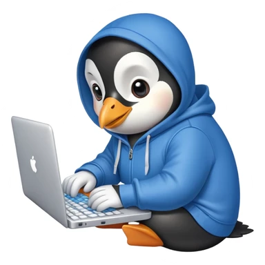 A cute penguin wearing a blue hoodie typing intensely on a laptop keyboard sticker