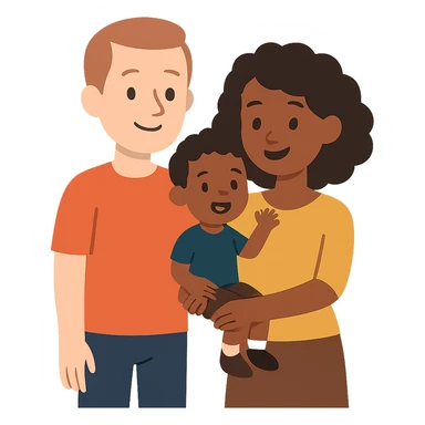 flat toon style family with white dad, black mom, and black child, no background sticker