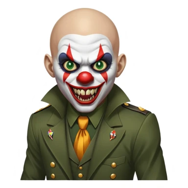 evil clown, bald, short horns from forehead, fangs, pointed ears, black and military green leisure suit, battle-ready fighting posture sticker