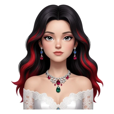Beautiful shiny ethereal Gorgeous Anime Lady with dark hair and red hair streaks with a beautiful white silky lace dress and rubies and onyx gems  sticker