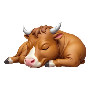 Meme-Worthy Cute Sleeping Domestic Bull Portrait Emoji, Head resting peacefully with a contented smile, showcasing a robust, muscular build and a luxuriously soft coat, eyes gently closed in serene, restful slumber, Simplified yet hilariously adorable features, highly detailed, glowing with a soft, drowsy natural light, high shine, relaxed and utterly lovable, stylized with an air of playful laziness, soft glowing outline, capturing the essence of a sleeping domestic bull that feels destined to become the next viral sensation of adorable rest! sticker