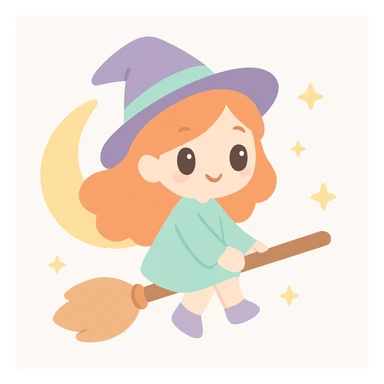 a ginger witch flying on a broomstick, orange hair flowing, crescent moon background, whimsical and cute style sticker