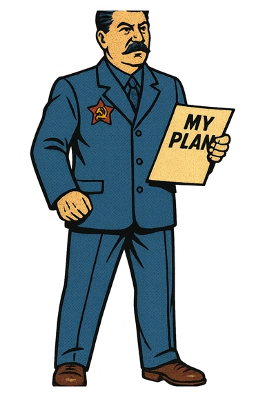 A full body image of a political leader who looks like Joseph Stalin and who is wearing a blue suite with a large badge of the communist party on his jacket.  He will hold a sheet of paper with the word 'My Plan' on it. sticker