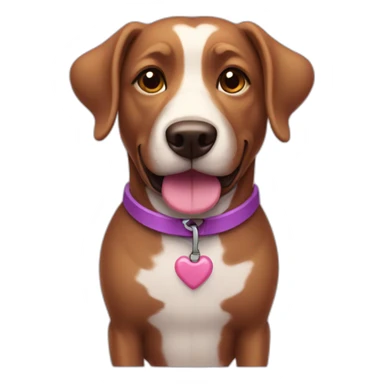 a purple dog with a brown nose and a pink collar with a bone happy  sticker