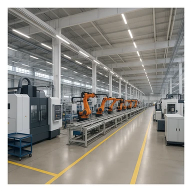 a modern manufacturing factory interior with large machinery and assembly lines, clean and organized industrial environment, suitable for branding sticker