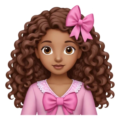 brown girl with long brown curly hair with bows in her hair waving wearing pink sticker