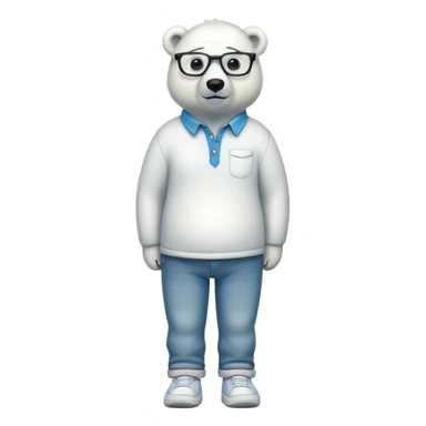 friendly anthropomorphised polar bear standing upright, looking relaxed, wearing a shirt, jeans, trainers, extravagant glasses sticker