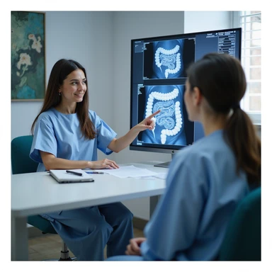 Hyperrealistic 4K image of a woman in a clinic gown during a colonoscopy consultation, pointing to a map of abdominal inflammation, while a doctor shows her endoscopic images of ulcerated intestines, medical office environment, clear details, professional atmosphere sticker