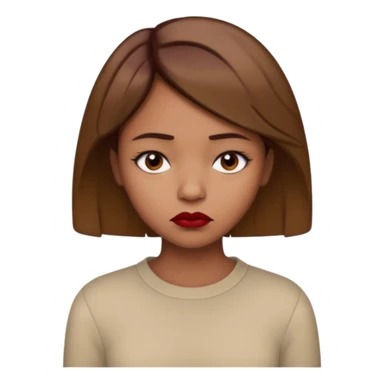 a brown girl with short light brown hair wearing a beige full sleeve and looking sad. dark red lip sticker