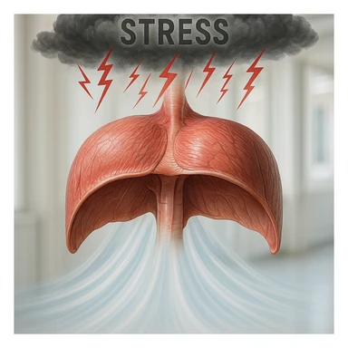 hyper realistic image of diaphragm as filter: above stress symbols like dark clouds or red lines, below clean calm air, anatomical details, visual separation effect, clinical environment, natural light sticker