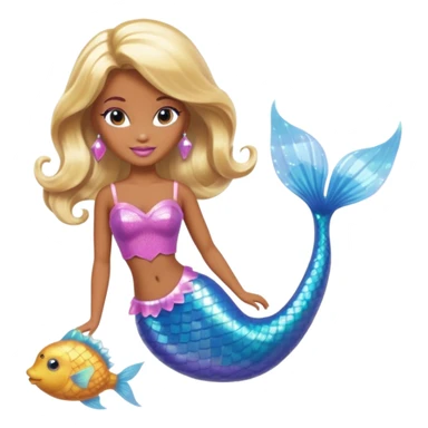 Brown skin blonde hair barbie mermaid with holographic tail  with pufferfish sticker