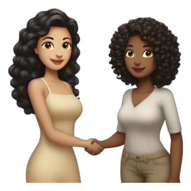 tan curvy woman with black curly hair shakes hands with a curvy pale woman who has straight light brown hair sticker