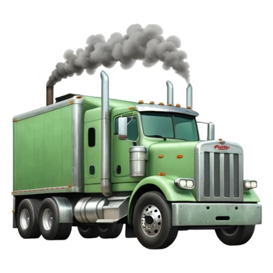 light green Peterbilt truck hauling a trailer, with smoke from exhaust sticker