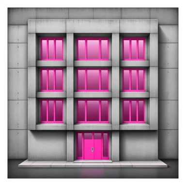 Wide brutalist concrete building with a central bright pink window surrounded by multiple regular windows sticker