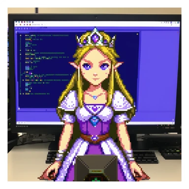 Princess Zelda wearing her crown and purple dress programming with code visible on computer screen sticker