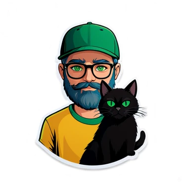 A bold man with a grey baseball cap, green eyes, big beard and glasses holding a black cat sticker