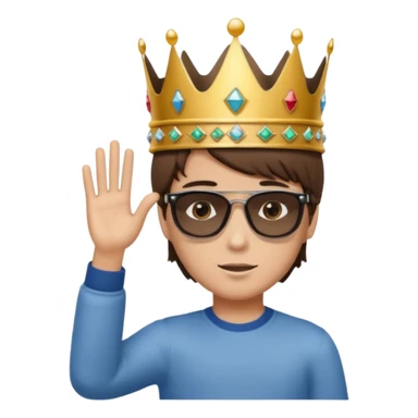 Un niño con cabello lacio no muy largo color marrón castaño,ojos marrones,piel no muy blanca, que tenga lentes de sol color negro,reloj en la mano derecha y una corona como sombrero sticker