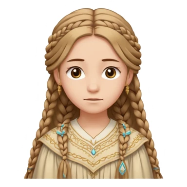 Joven de unos 20 años, de aspecto dulce y elegante.
Piel clara, ojosy expresivos, sonrisa triste.
Rubio o castaño claro, largo, con trenzas o velo.
-Vestido largo de tonos suaves (blanco, azul o lavanda), con bordados dorados; un manto o toca fina cubriendo la cabeza. sticker
