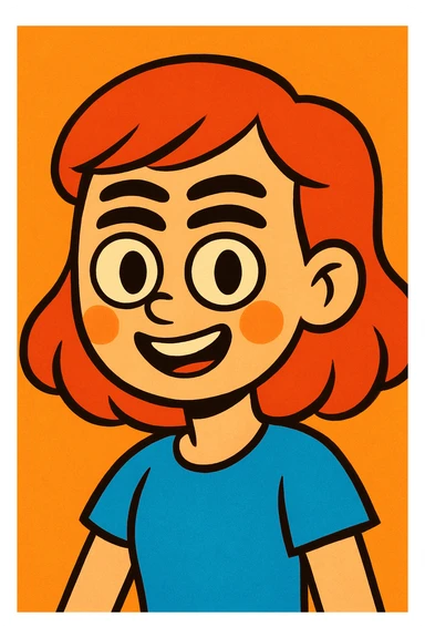 girl with red hair and four eyebrows, vibrant cartoon style sticker