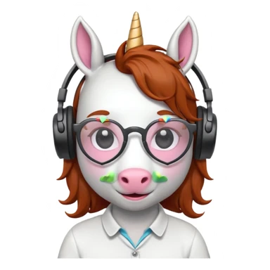 headphone wearing white unicorn with dark ginger hair and heart shaped spectacles very unicorn looking sticker