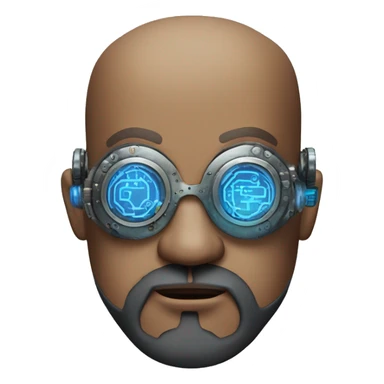 Bearded Fat bald cyborg head with brown skin, blue steampunk goggles and circuits sticker