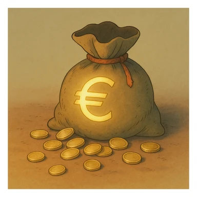 ghibli style money bag with euro symbol, slight glow, coins spilling out, simple background sticker