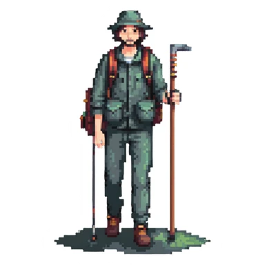 detailed man with visible face and full body standing in mist, wanderer with backpack and walking stick sticker