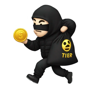 Thief wearing all black clothes actively stealing a money bag with the words Top Tier embroidered on it sticker