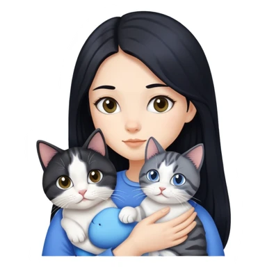 The girl with long black hair is holding a tabby cat and a blue and white cat. sticker