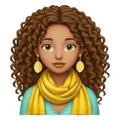 brown-skinned girl, bohemian, long curly brown hair tied up, lemon yellow scarf, round earrings sticker