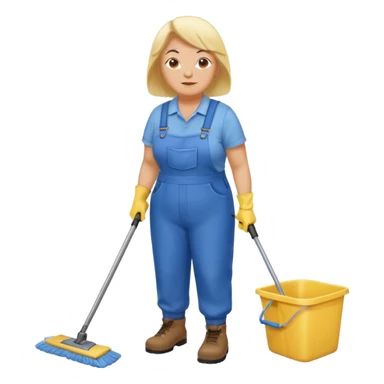 old and fat women, Custodian with yellow rubber gloves, white T-shirt, blue overalls, mopping floor sticker