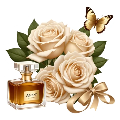 A bouquet of white Ascott tea roses next to a beige aesthetic and a brown beautiful butterfly and a gold silk ribbon and a beautiful flacon of aesthetically pleasing vintage-style perfume in pearl color sticker