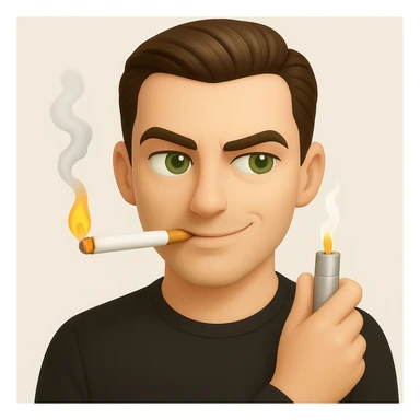 a guy with green eyes and slicked back brown hair stay with a lighter and a cigarette in his mouth with a sly expression on his face, emoji style, 3d emoji style sticker