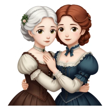 Two Victorian era women hugging each other closely, one with white hair and one with dark copper colored hair, both wearing Victorian period dresses sticker