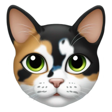 calico-cartoon-cat,-green-iris,-black-covering-right-side-forehead-and-left-eye-brow,-blue-right-ear sticker