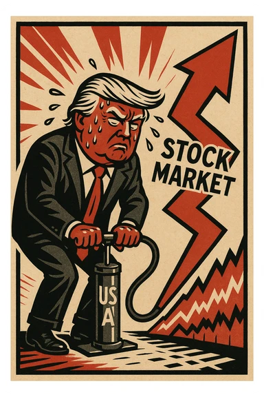 Дональд Трамп в стили пропагандисткой карикатуры в поте лица качает через насос, который подключен к фондовому рынку sticker