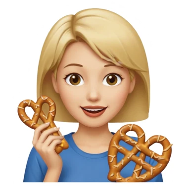 Short, Straight, Dirty blond hair, fair skin, woman winking holding pretzels sticker