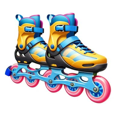 An icon featuring a pair of colorful rollerblades placed on a smooth path. The background showcases a picturesque park with lush greenery, blooming flowers, and a clear blue sky with soft clouds. The bright sunlight adds a cheerful touch to the scene. Transparent background sticker