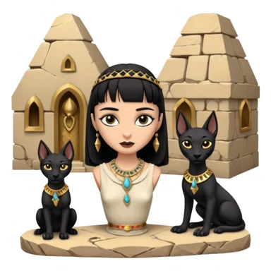 Witchy-mannered real Audrey Hepburn cleopatra Protecting silky black-haired tiny chained-slave-adorned statuette scale untamed evil-eyed Anubis dessert scenery stone-age cracked irregular dwelling  sticker