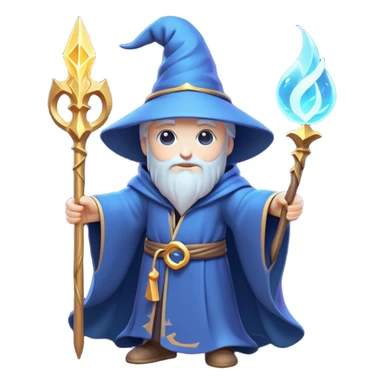Clash of Clans aesthetic: Cinematic Playful Wizard Hero Emoji, rendered in a 3D vector-style similar to standard emojis with minimal shading and bold, simplified shapes. A compact, isometric figure draped in flowing enchanted robes and wielding a mystical staff, softly glowing with an arcane magical charm. Simplified yet unmistakably iconic, highly detailed and consistent, glowing with a soft radiant glow and high shine. Stylized with a touch of whimsical sorcery and a soft glowing outline, capturing the essence of a powerful wizard ready to cast spells with a friendly, playful spirit! sticker
